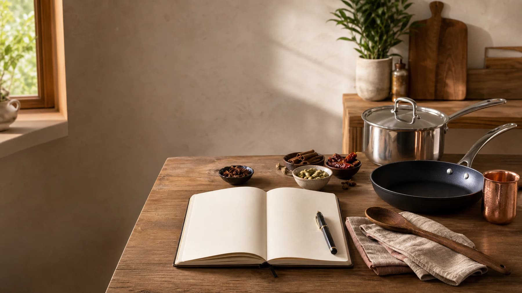 An editorial kitchen workbench with cookware, spices, and an open notebook