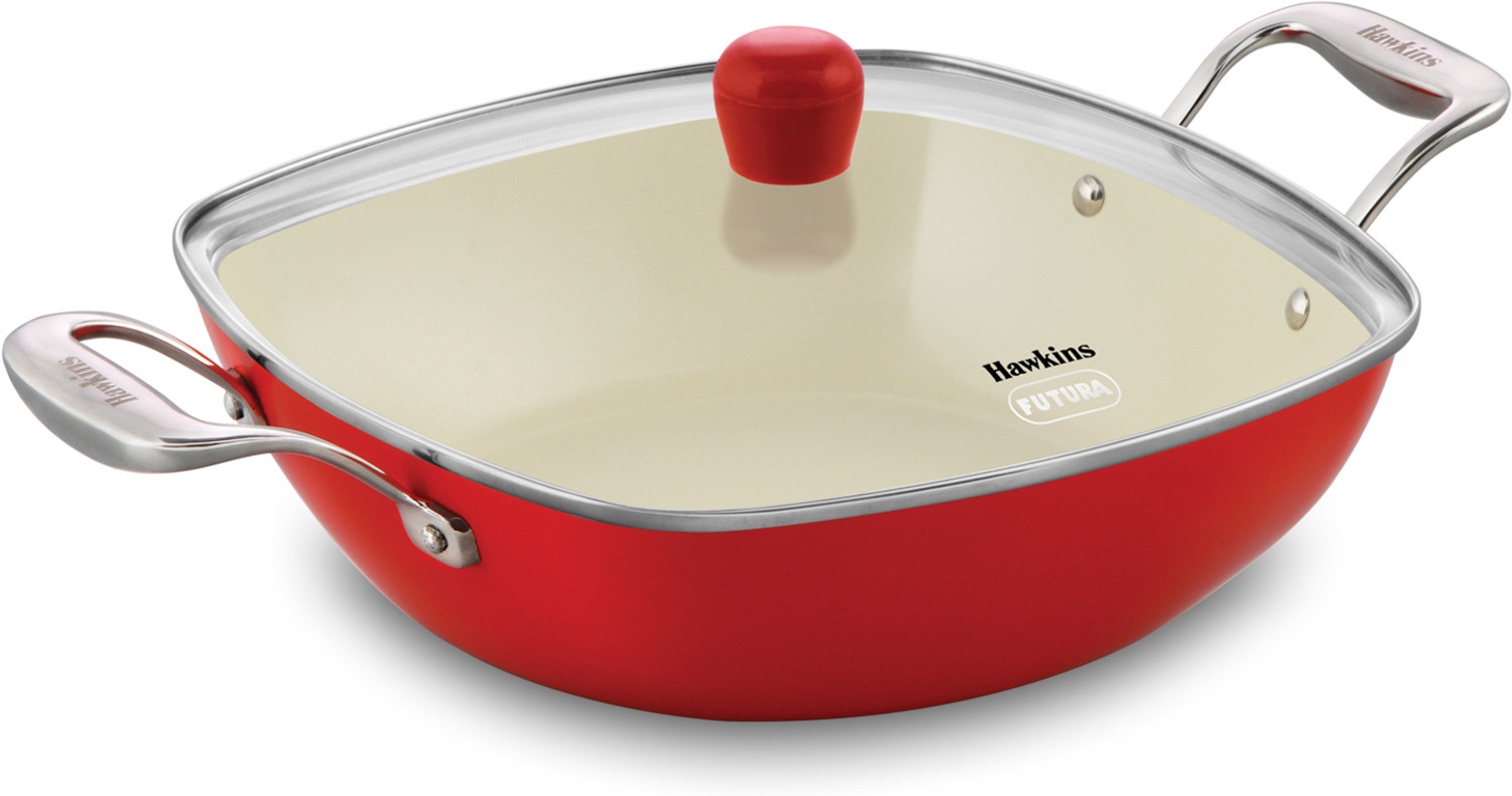 Hawkins Que Cera Cera Ceramic Coated Kadhai 3L With Glass Lid - Red